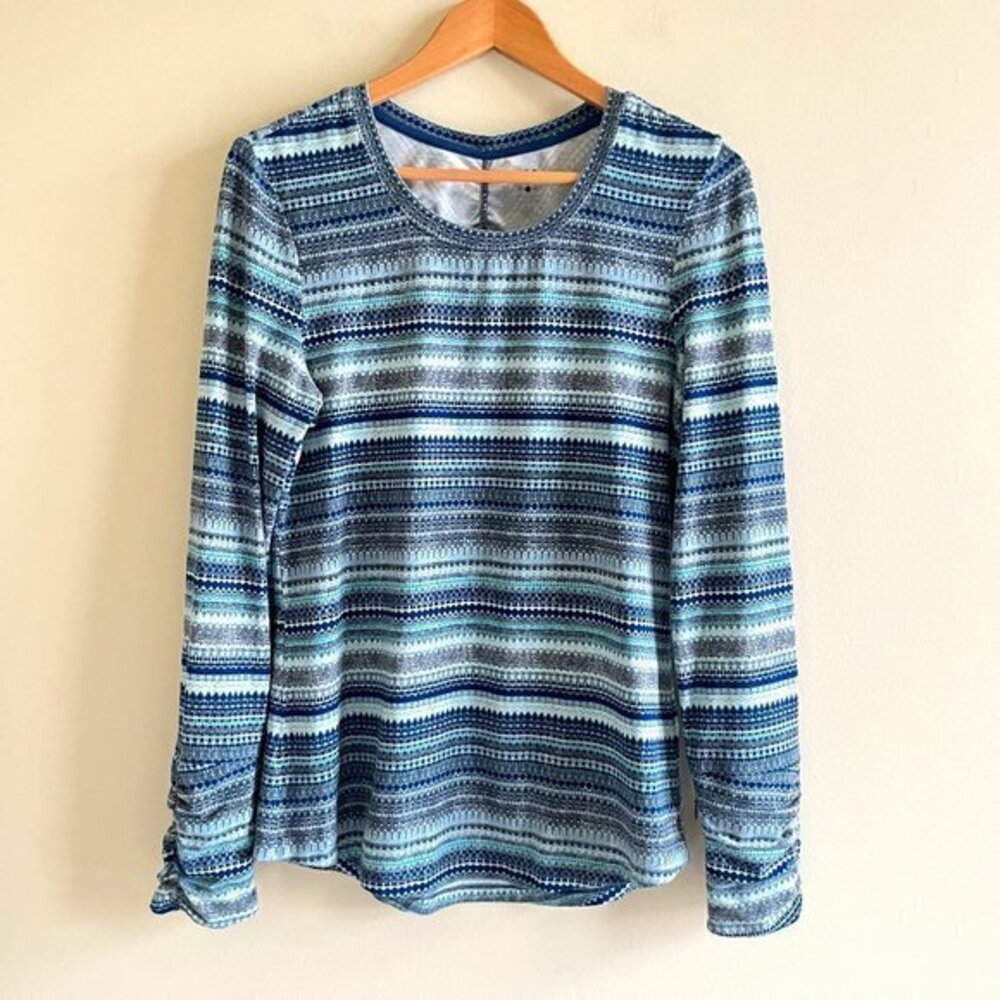 Three Dots Striped Print Ruched Long Sleeve Womens Size M Teal Tee Shirt‎ Top